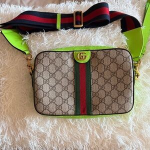 Gucci Beige and Neon Green GG Shoulder Bag